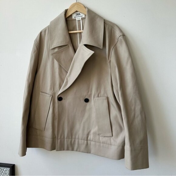 ZARA MAN EDITION SS'24 SHORT BEIGE COTTON TRENCH COAT SIZE L - Picture 6 of 9